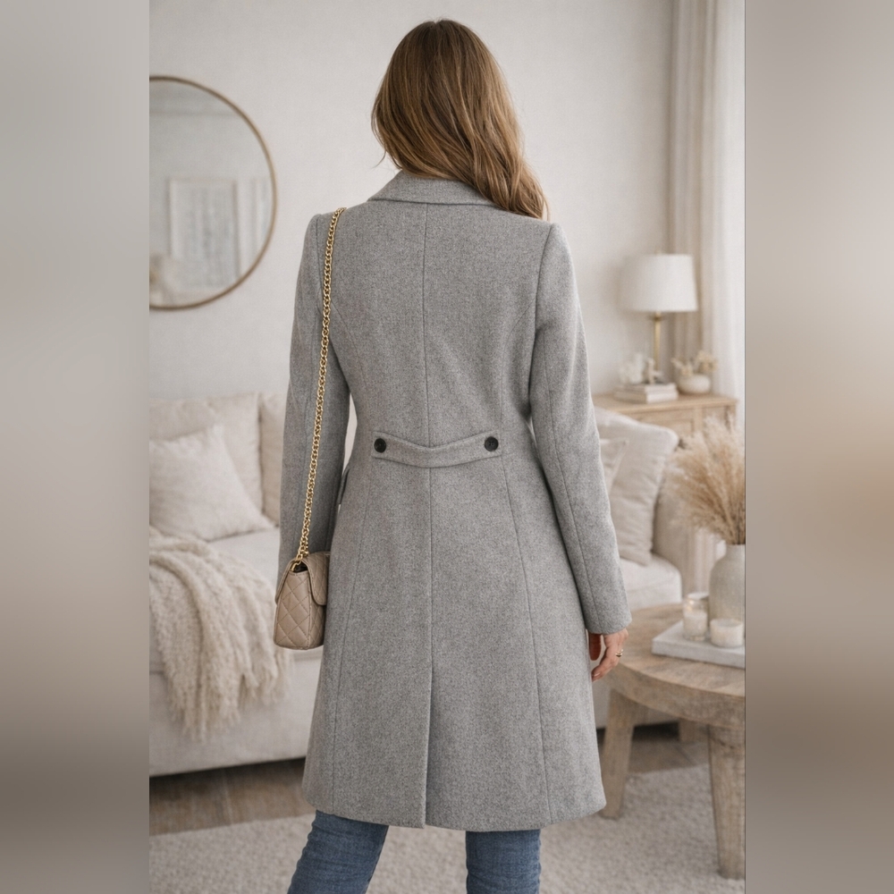 Gray Wool Blend Winter Coat XL Tailored Long Notched Collar Dressy Classic Chic - Picture 2 of 15